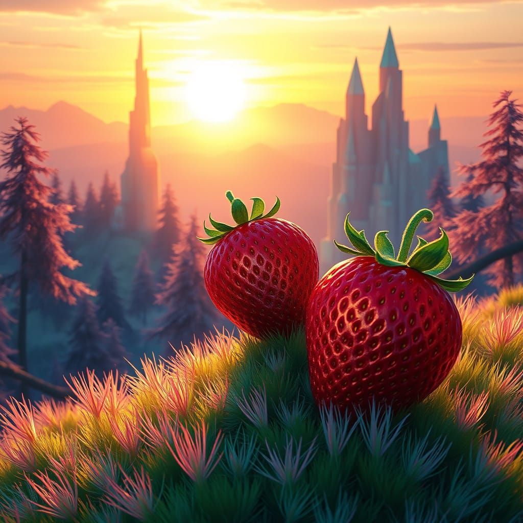 Majestic Strawberry Throne in Whimsical Fantasy Landscape
