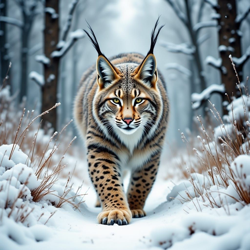 Lynx in Snowy Forest: Antique Watercolor Style