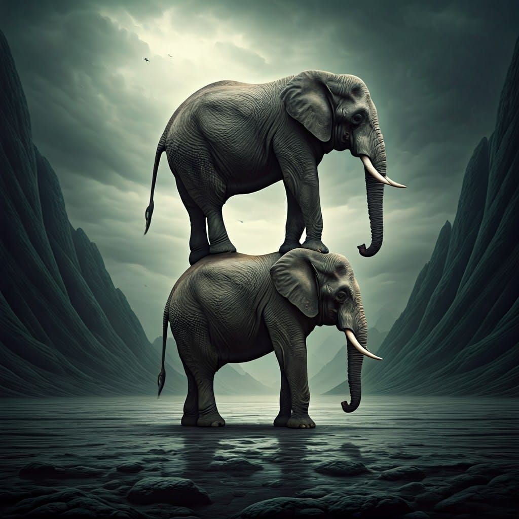 Elephants in Mystical Landscape, Eerie Fantasy Art