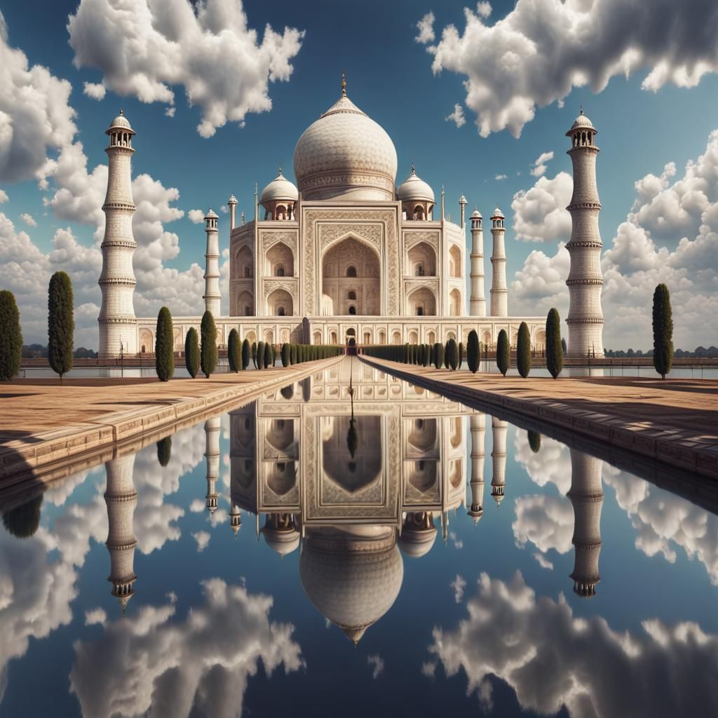 Taj Mahal clouds on the sky symmetrical reflection on water Epic cinematic brilliant stunning intricate ...  by @Jahrmu 
