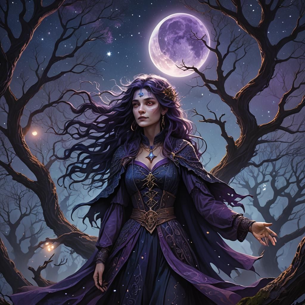 Mysterious Witch Under Starry Moon: Fantasy Concept Art