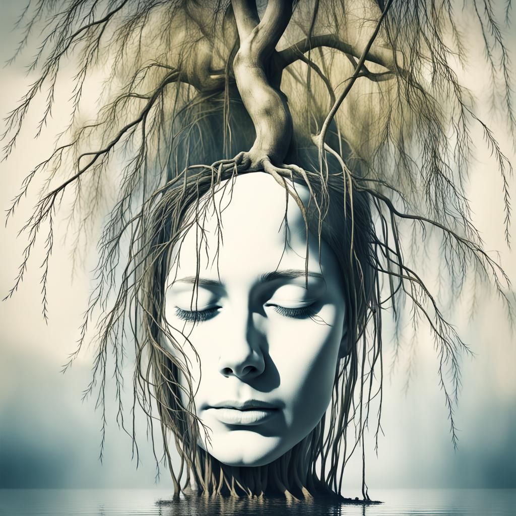 Brain flow, grow, from the mind; double exposure of weeping willow tree ...