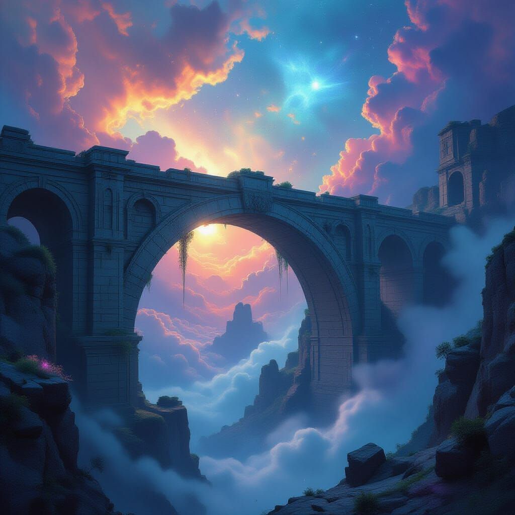 A colossal, ancient stone bridge arching over a swirling nebula, with fragments of forgotten ruins suspended in the cosmic dust. Bioluminesc...