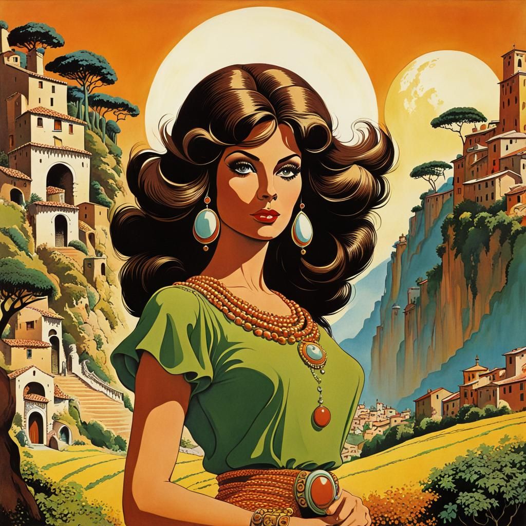 Funk album cover art. Italian woman. Fantasy. 1970s. Earth t...