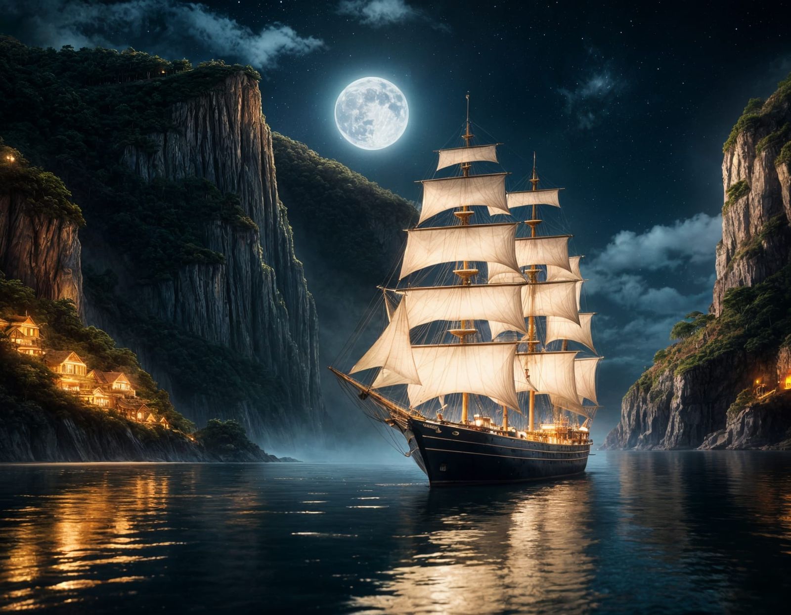 sailboat in the bay at night