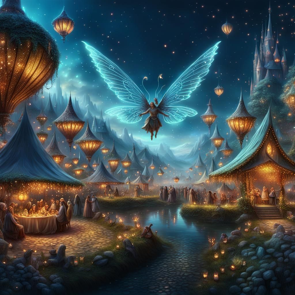 Fairy Village Festival, winged folk, sparkling glittrr, dancing, merriment  by @Fredster