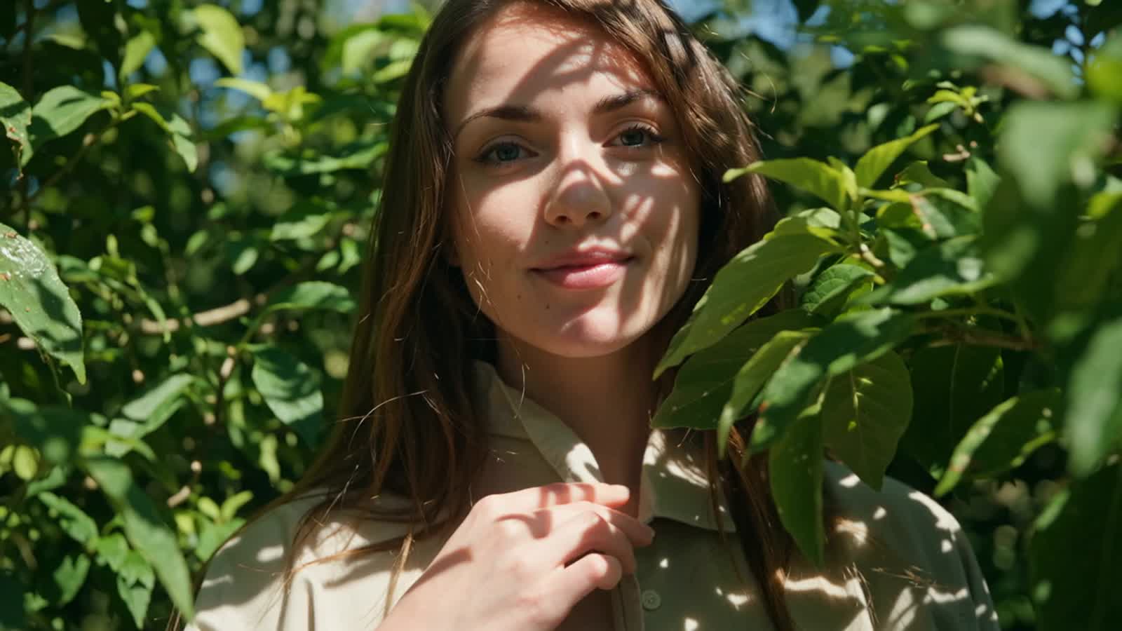 Pretty woman standing in the nature and she is peeling off her skin, under the skin revealing her even smoother and pret...