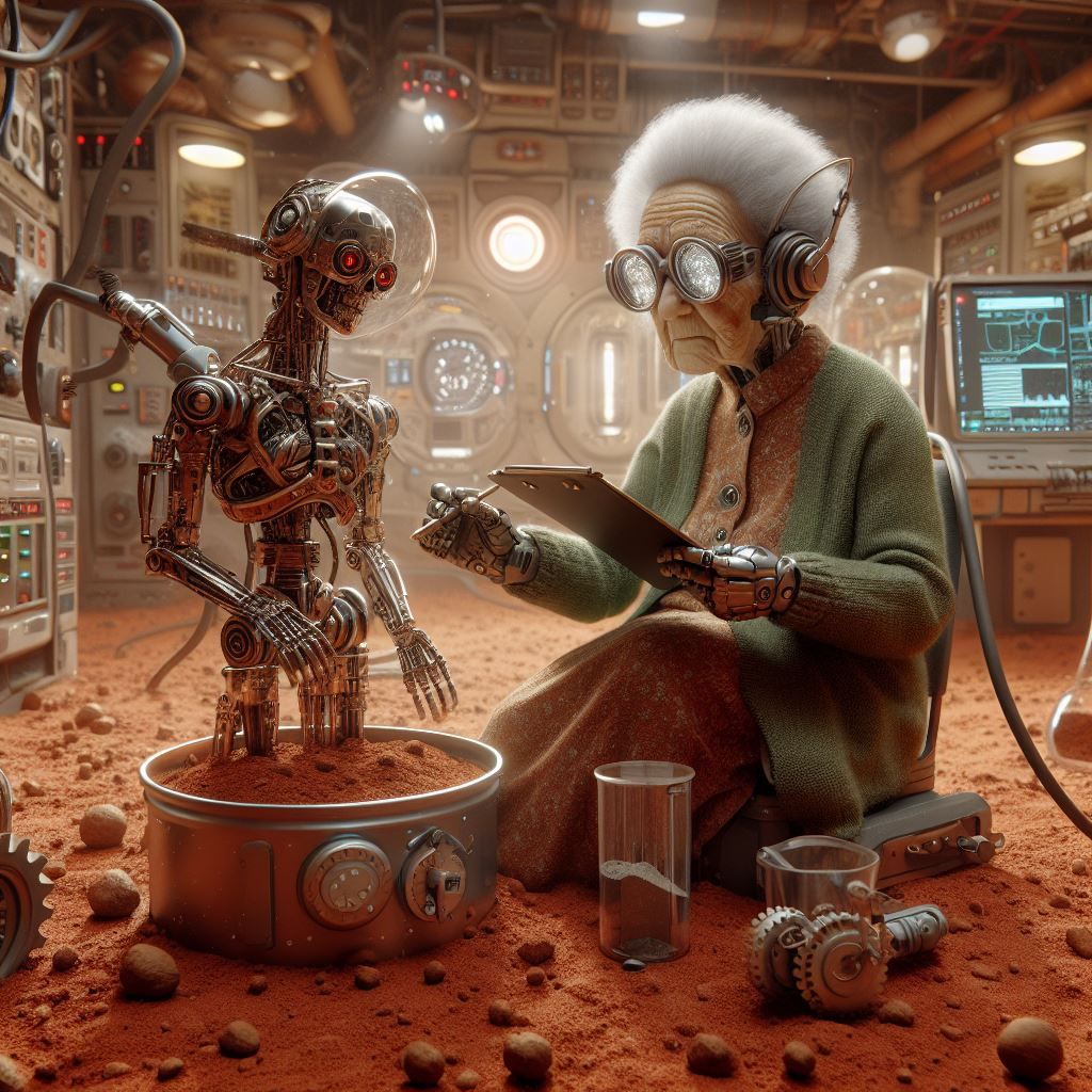 Cyborg grandma studies soil samples on the mars colony