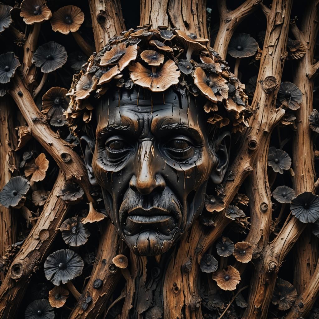A rotten wood sculpture of a head in a lodge, mushrooms, bla...