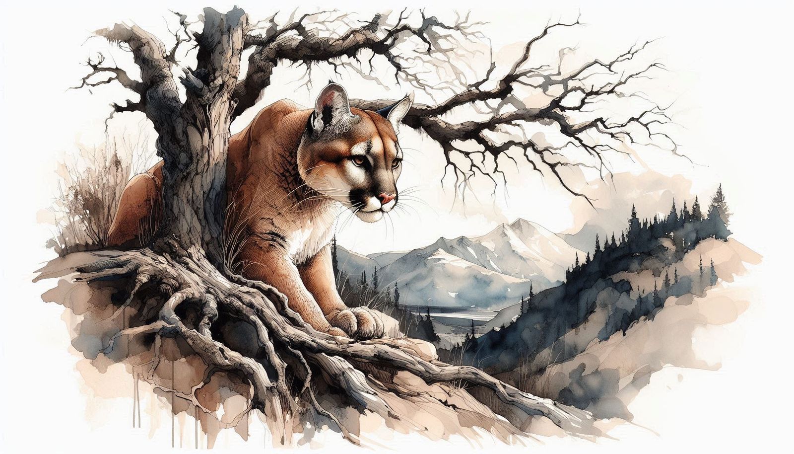 Wildlife art, cougar in the mountains