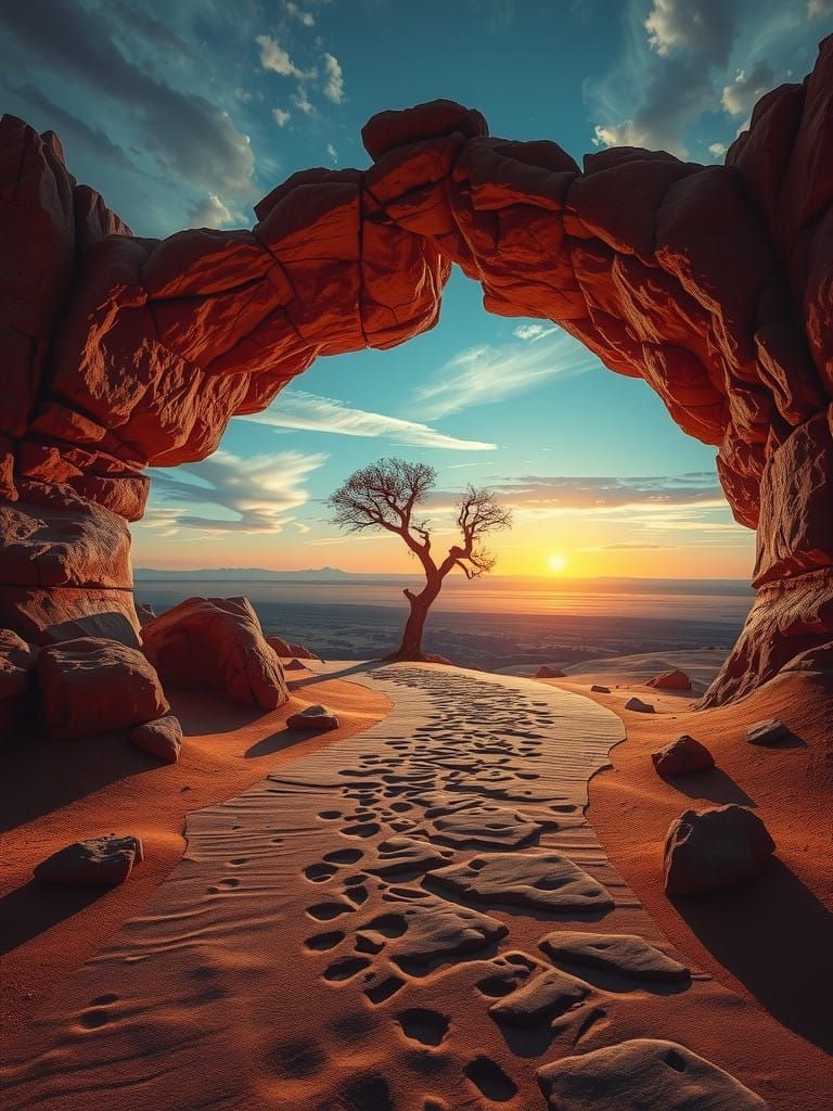 Surreal Desert Odyssey Beyond the Cracked Horizon.
This image shows a winding path leading to a distant ...  by @MrMaracuja