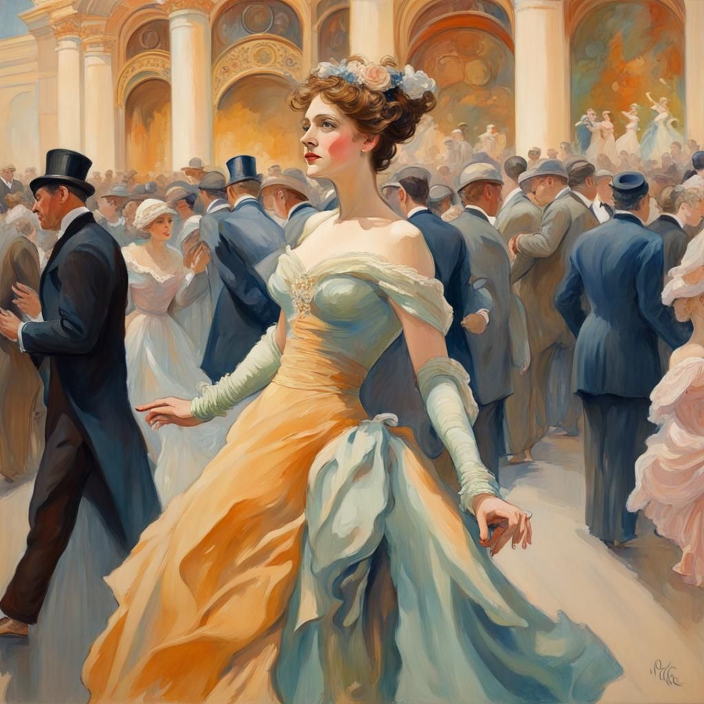 Elegant lady at the opera house, moving through the crowd, s...