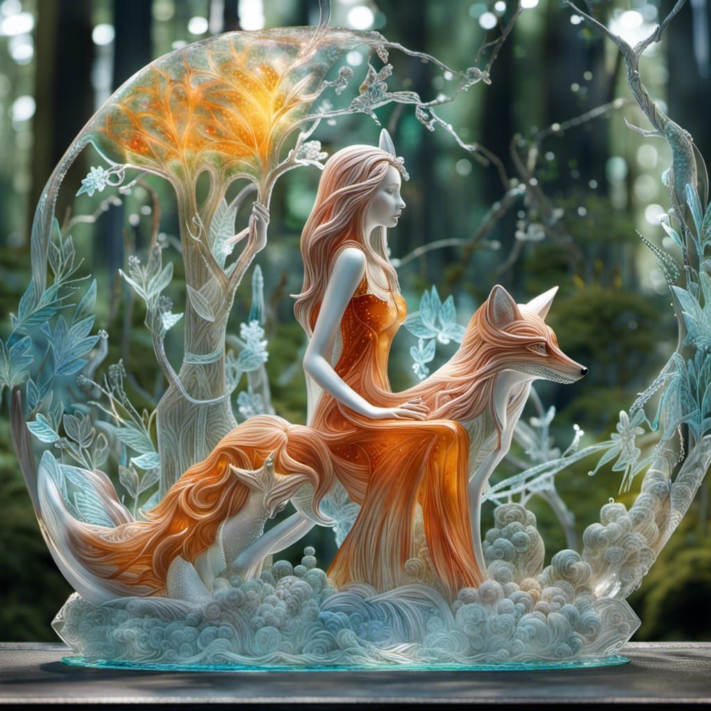Glass sculpture girls with a fox against the background of a...