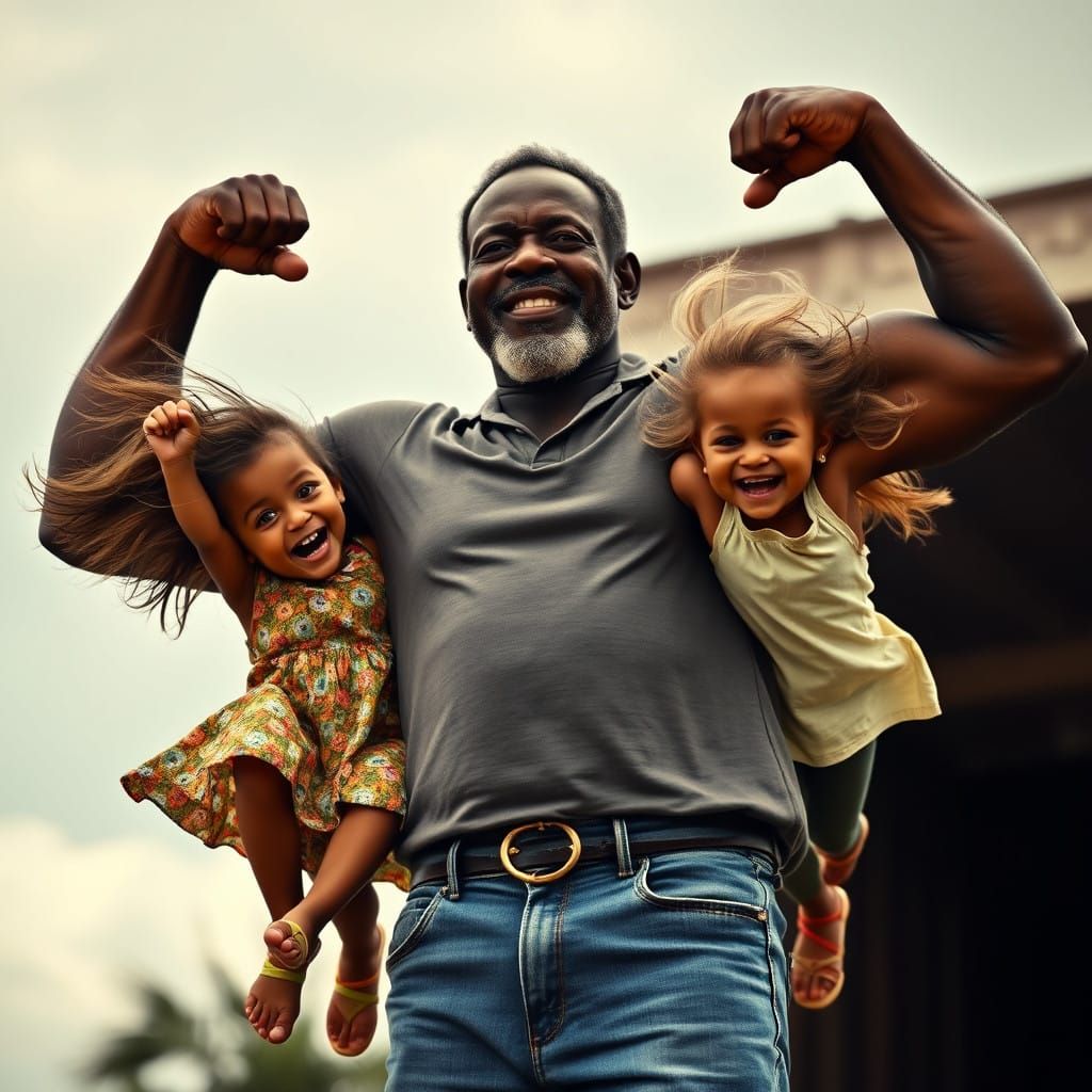 A hyperrealistic digital illustration depicts a captivating ebony grandfather with a muscular physique. He utilizes his ...