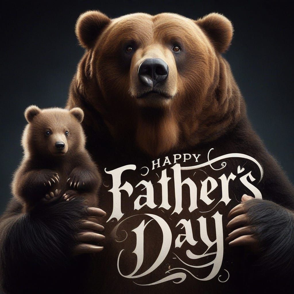 Calligraphic script says "HAPPY FATHER'S DAY"; Close-up Photograph: Obese Kodiak Bear; holding a tiny Bear cub; concerned standing sarcastic...