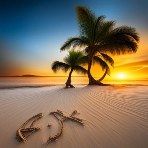 Letters in the sand, tropical beach palm trees