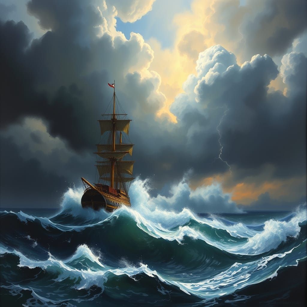 A dramatic seascape painting depicting a lone ship battling a raging storm, with towering waves crashing ...  by @Silphir