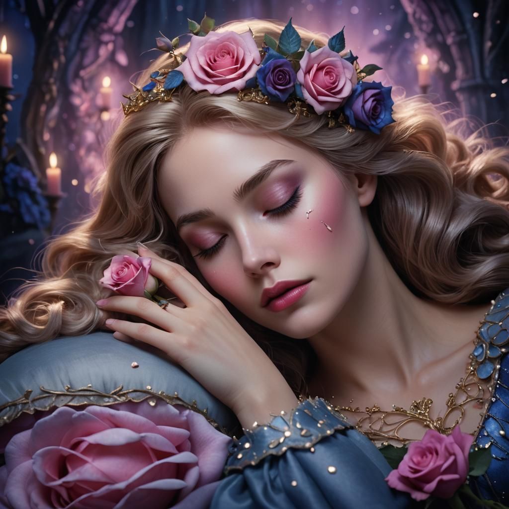 Sleeping beauty asleep facial viewpoint holding rose in hand...