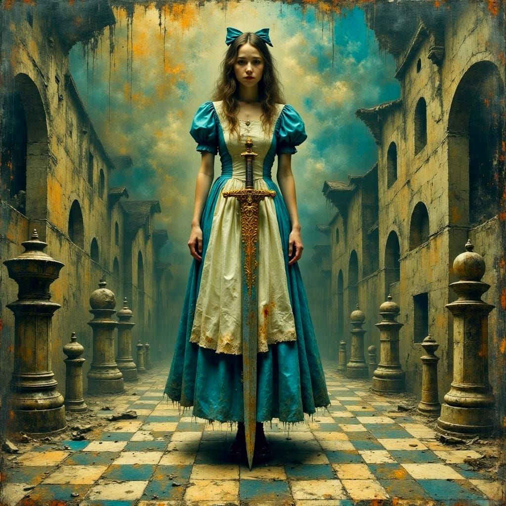Alice in Wonderland holding a blood covered sword standing on a chessboard 

<lora:CorvidiconFlux:1.0> ...  by @AutumnBear
