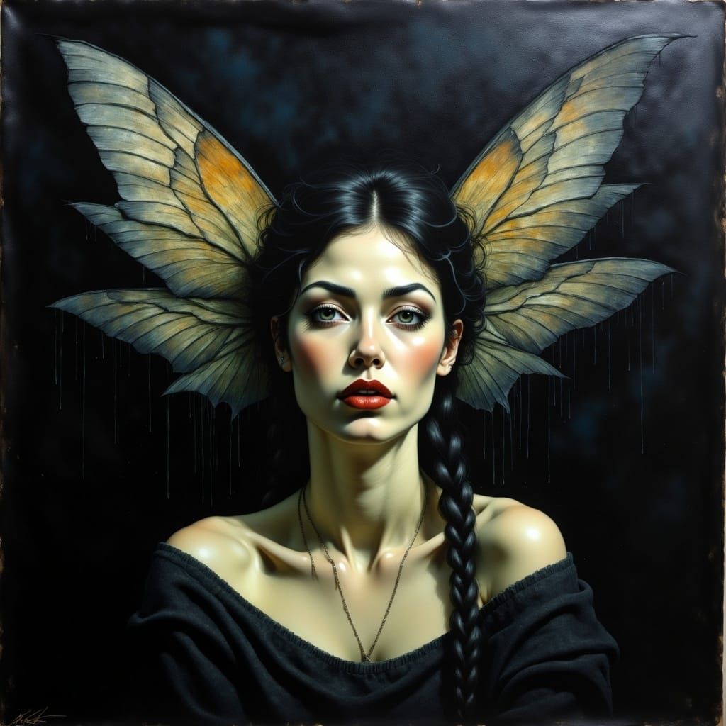 Maxfield Parrish, Gertrude Agnew, oil painting on black background, magical ethereal fairy woman, full length pose, whispy wings, textured o...