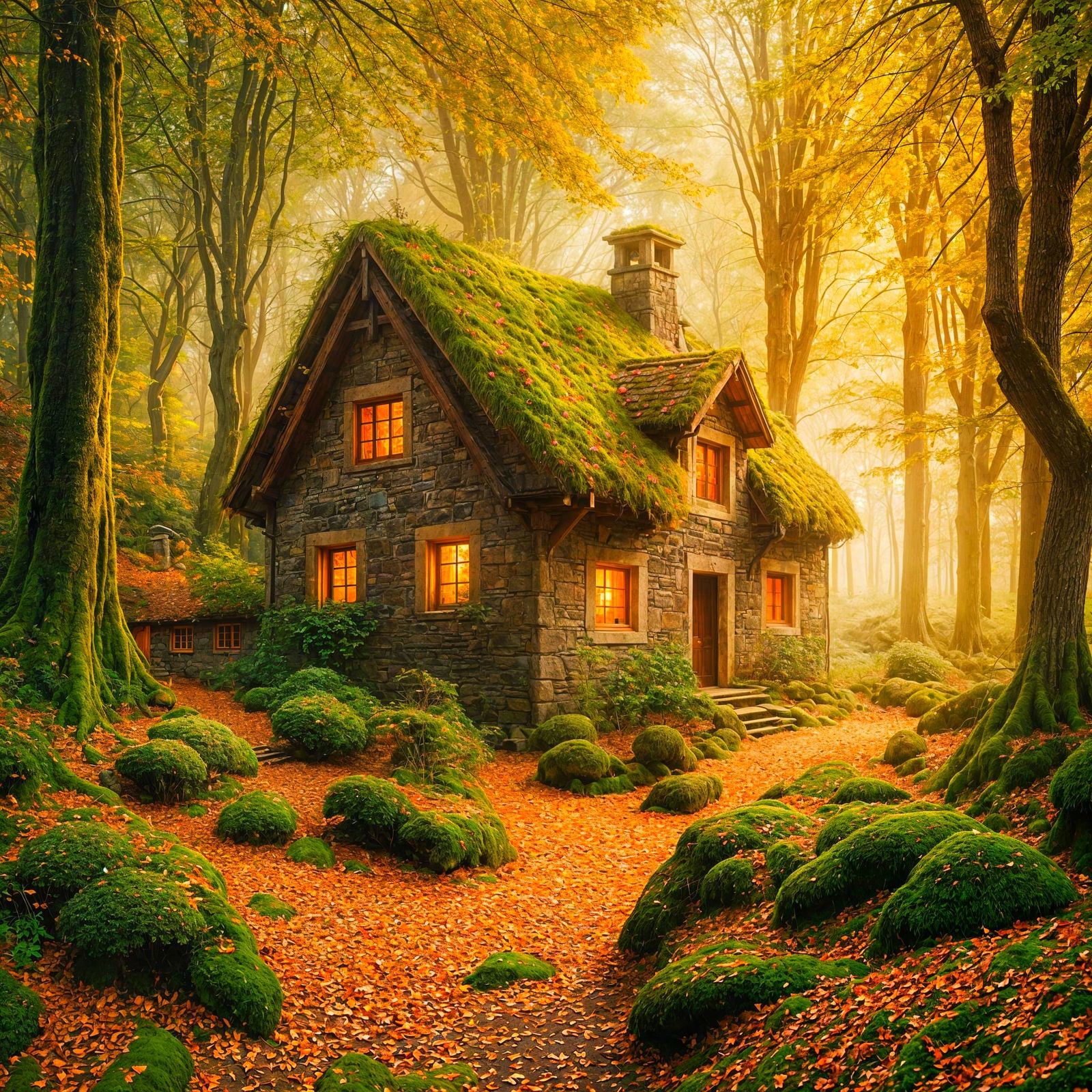 Cozy Stone House in Enchanted Fall Forest