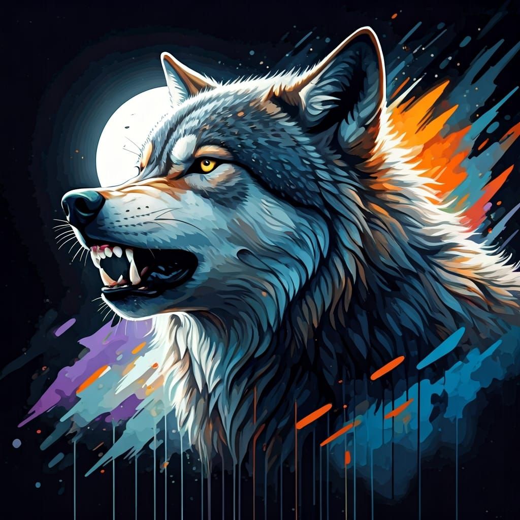 Wolf Growling in Graffiti Art Style
