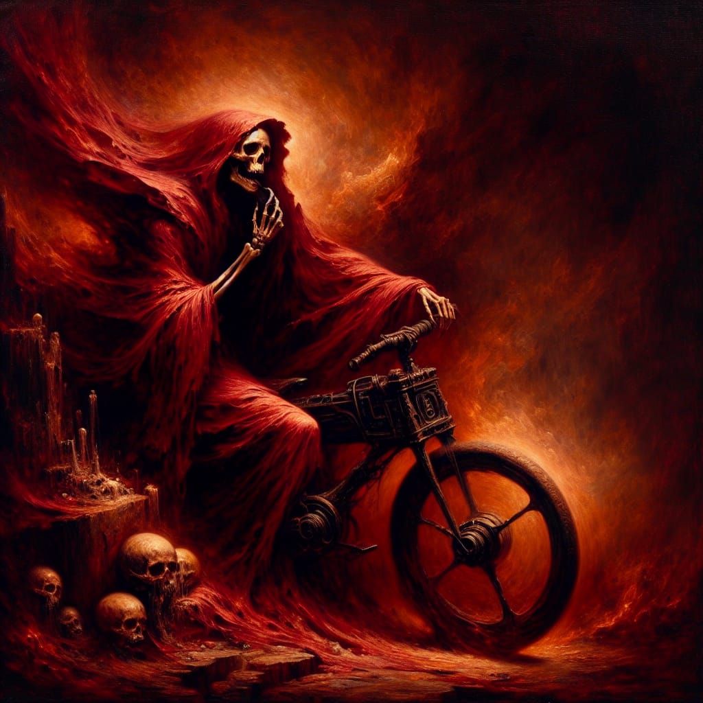 DEATH WEARING A RED CLOAK RIDING A LAME E BIKE   by @MIKE