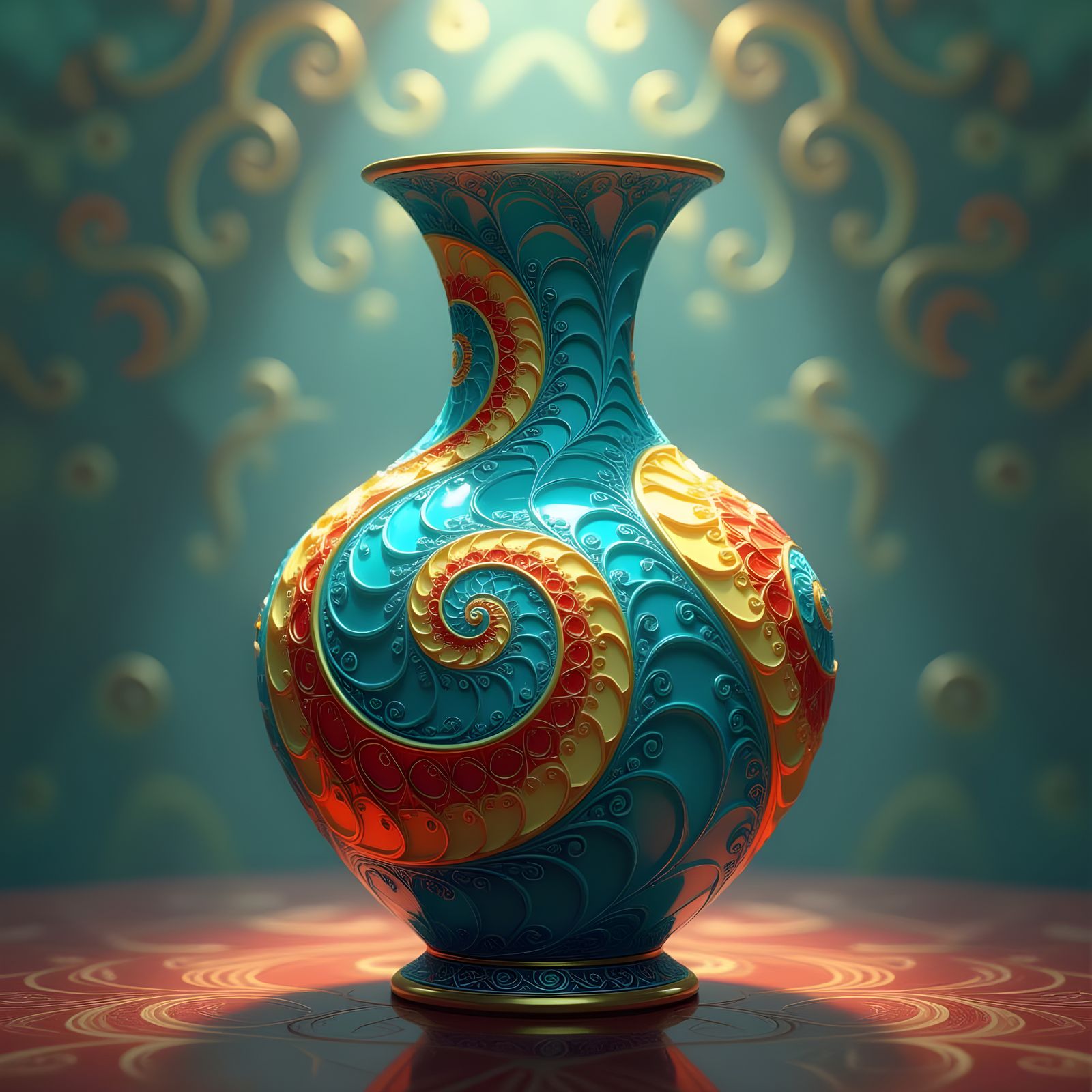 Hyperrealistic Fractal Vase with Vibrant Swirling Patterns