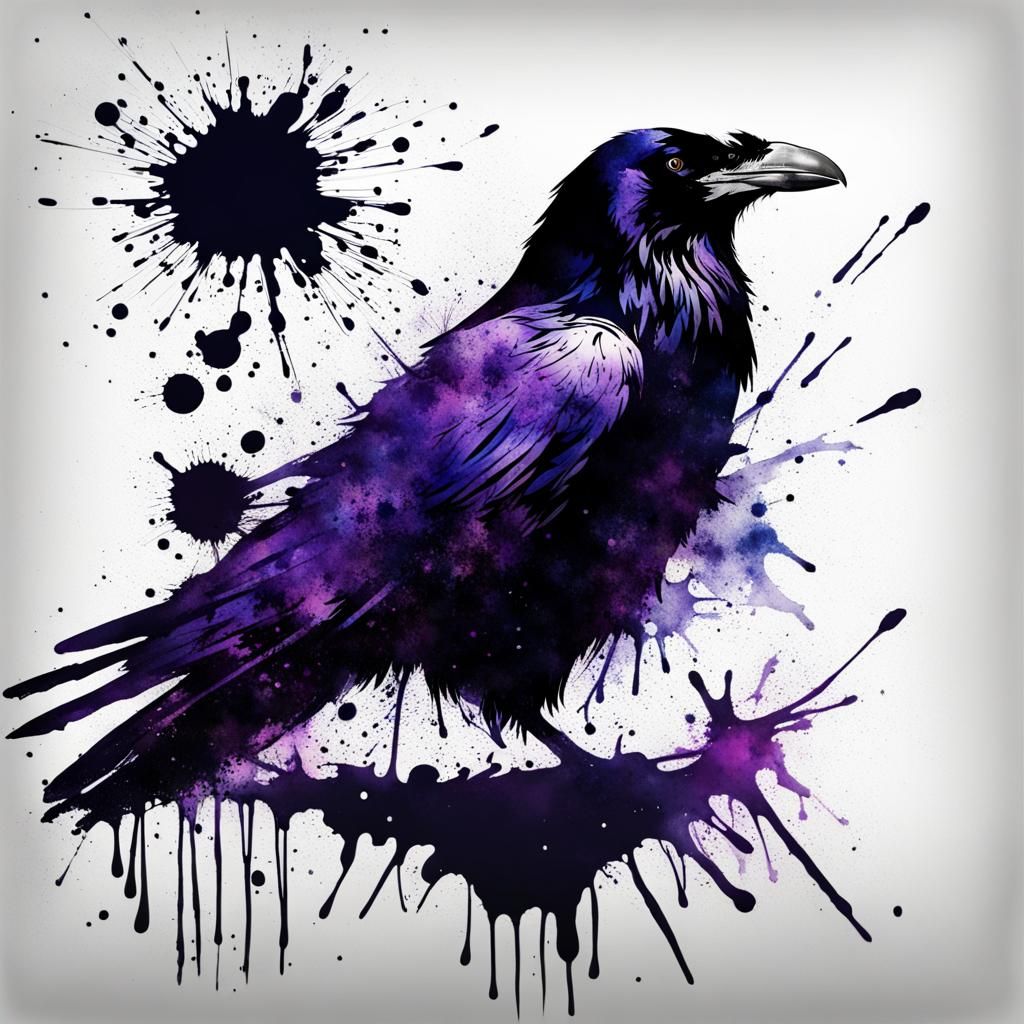 ink splatter art, raven  by @NyghtRaven