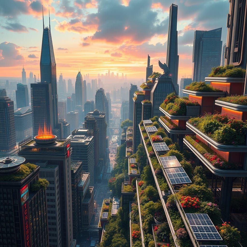 A cityscape covered in solar panels and rooftop gardens.  by @KRoseCarol