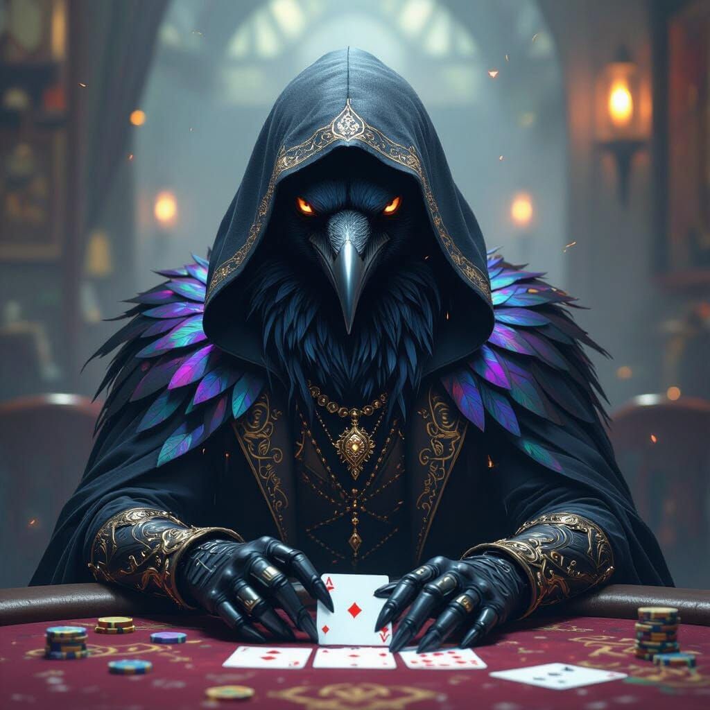 8. Jinx - The Card Shark Crow

Animal: Hooded Crow

Secret Hobby: Holographic Illusionist & Gambler

Cyberpunk Style & Color Scheme: Sleek D...