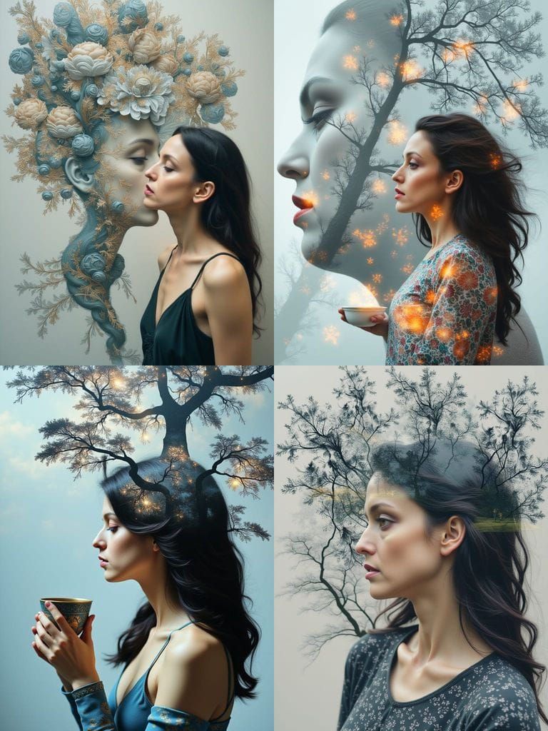Surreal Portrait of a Dark-Haired Woman in a Dreamlike Lands...
