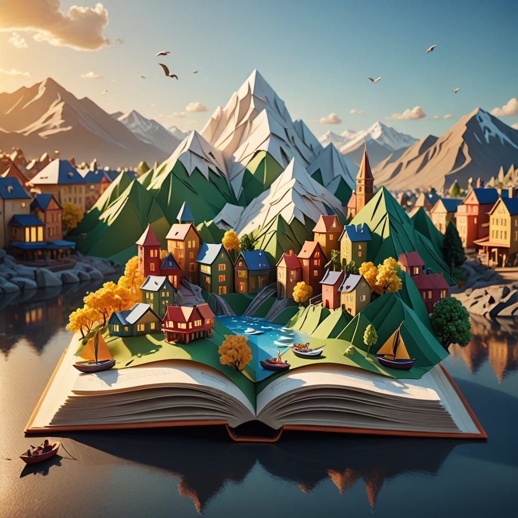 A magical scene where the pages of an open book are turning, and from them rises an entire city made of paper. Tiny folded-paper houses, nar...