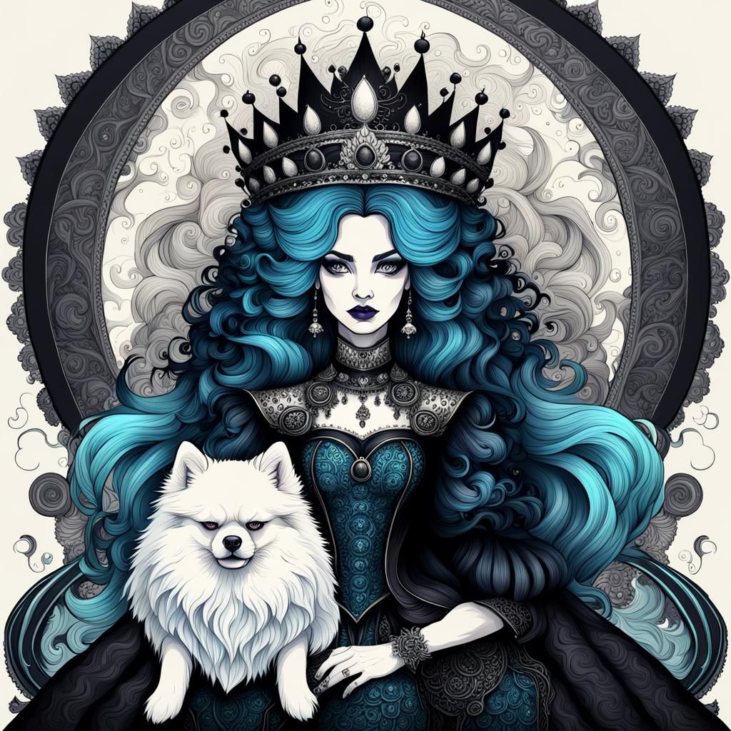 Gothic. Beautifully villainous Queen with her monstrous Pomeranian dog. hyperdetailed, intricate. vector fractal, wave function, Zentangle,...