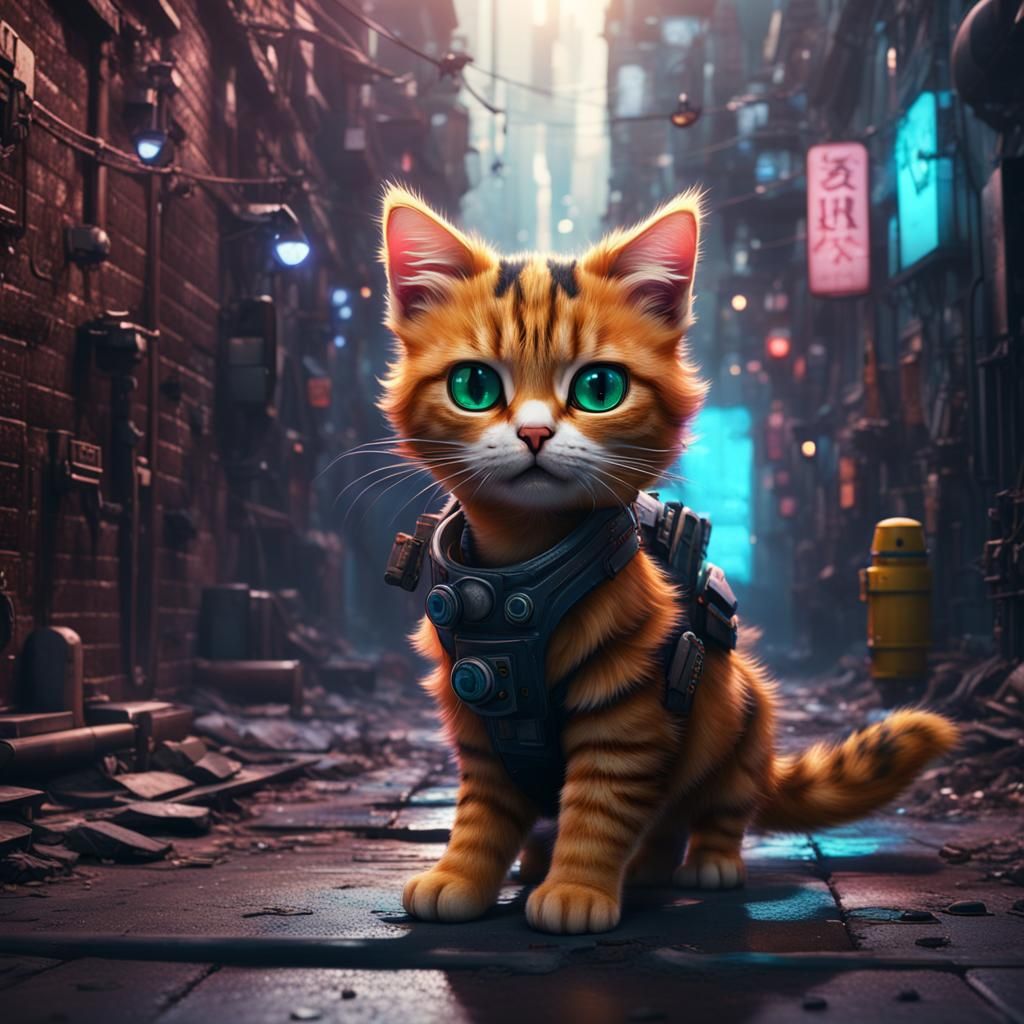 A cute cat in a cyberpunk setting looking down a alley