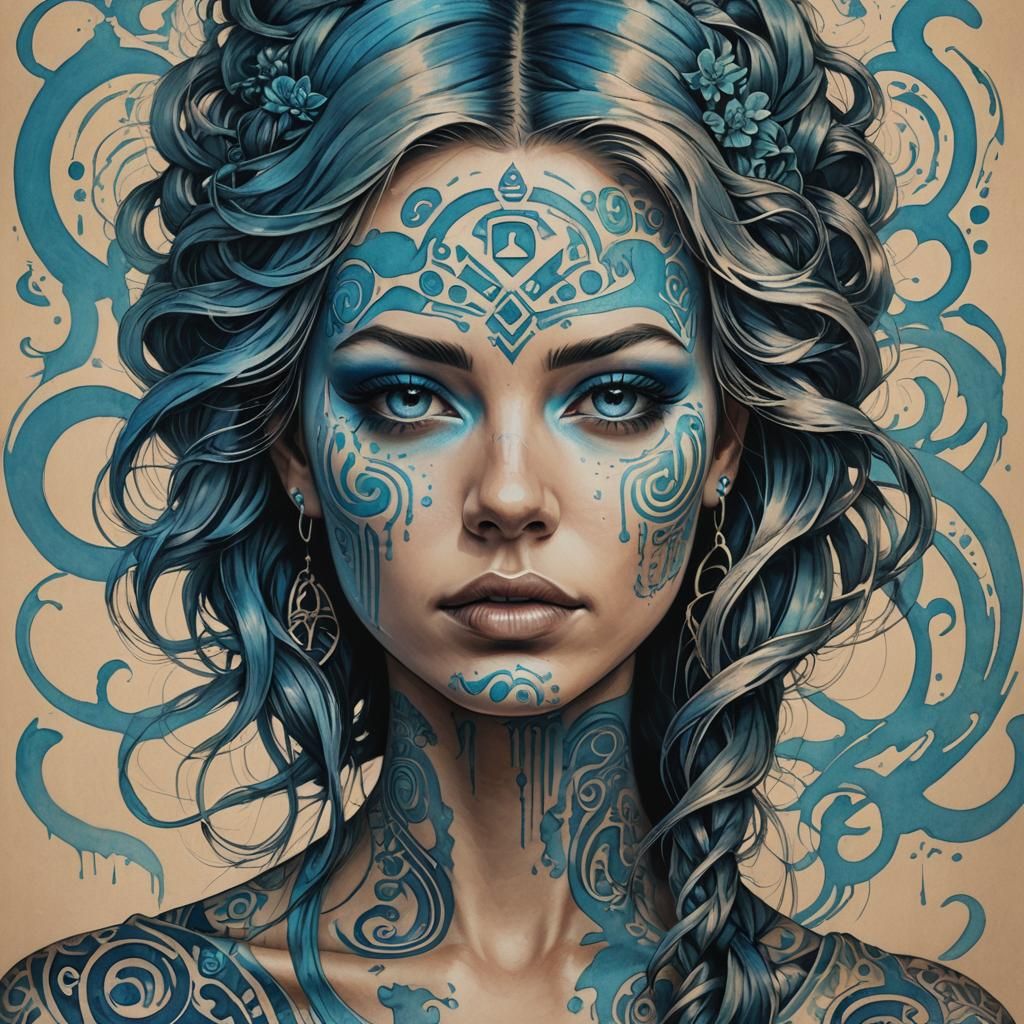 Wave Face Portrait in Azure and Indigo