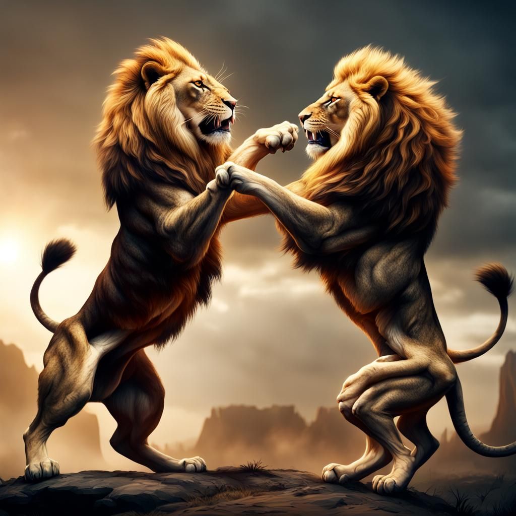 Two lions fighting, they are both standing on their hind legs as fight ...