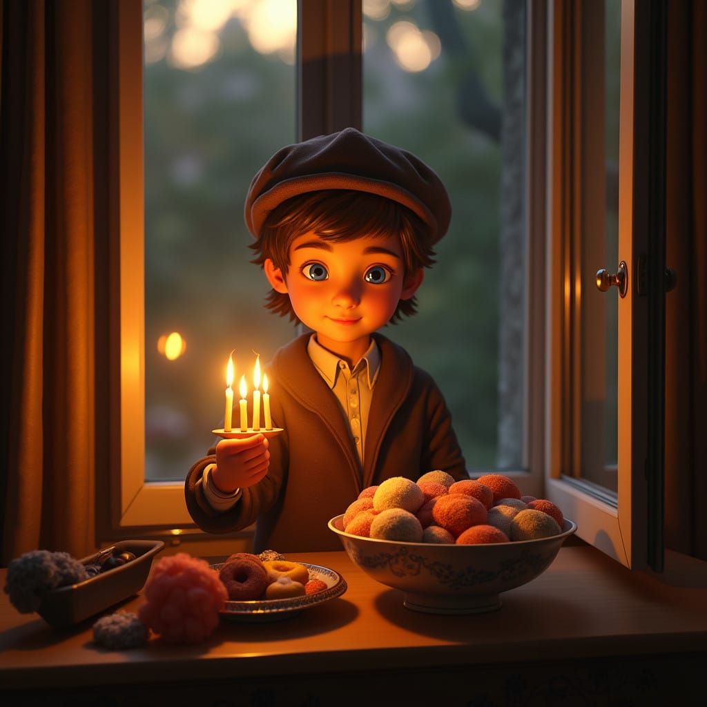 Serene Jewish Boy Lights Menorah in Golden Hanukkah Glow