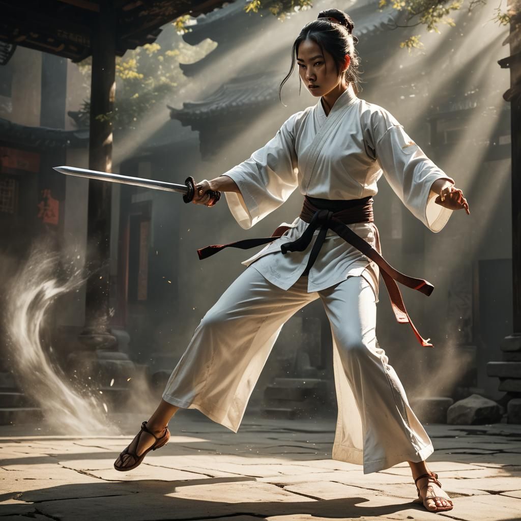 beautiful lady, Kung Fu master, in white, sword, striking st...