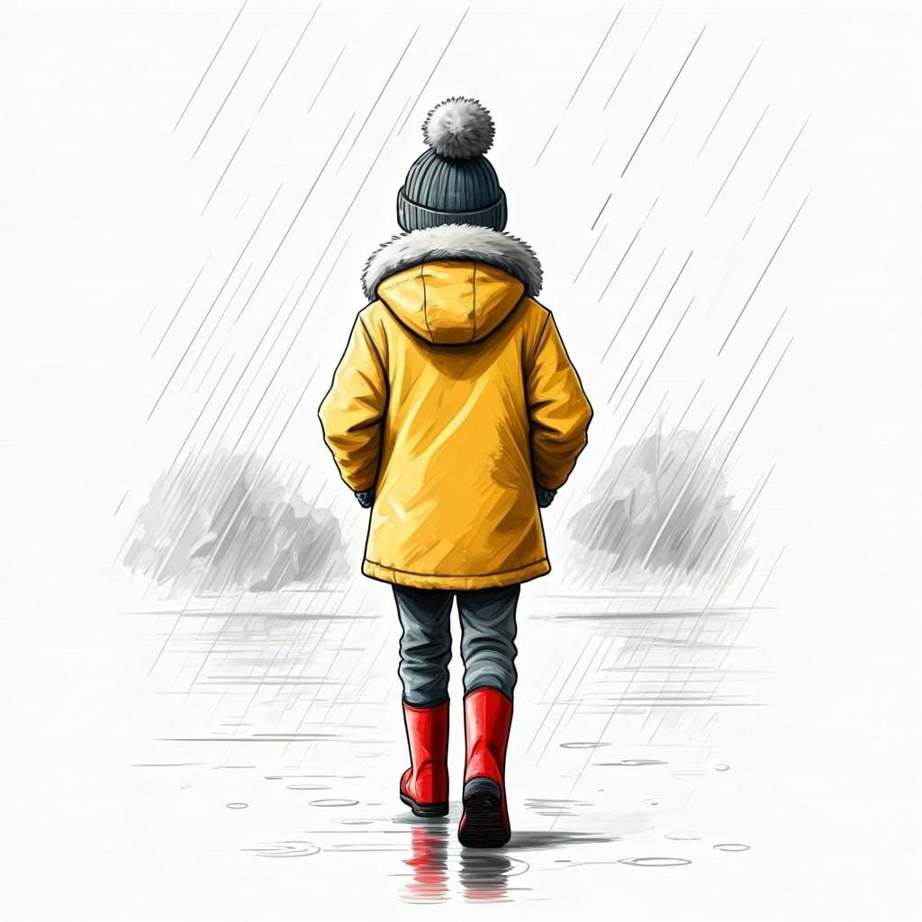 Pencil Sketch of a Child Walking in Rain