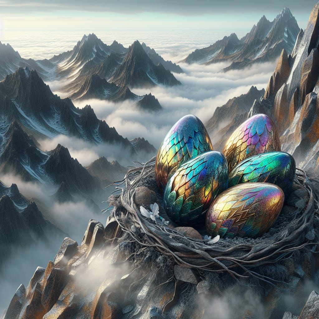 4 majestic iridescent eggs of a Hungarian Horntail dragon in...