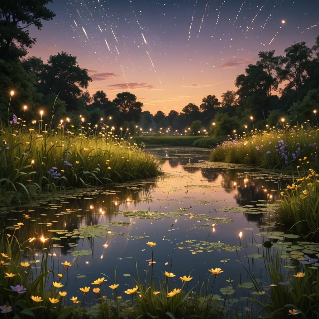 Fireflies over a pond
