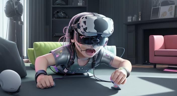 (Toddler Wearing VR Goggles and Earphones and covered in mot...