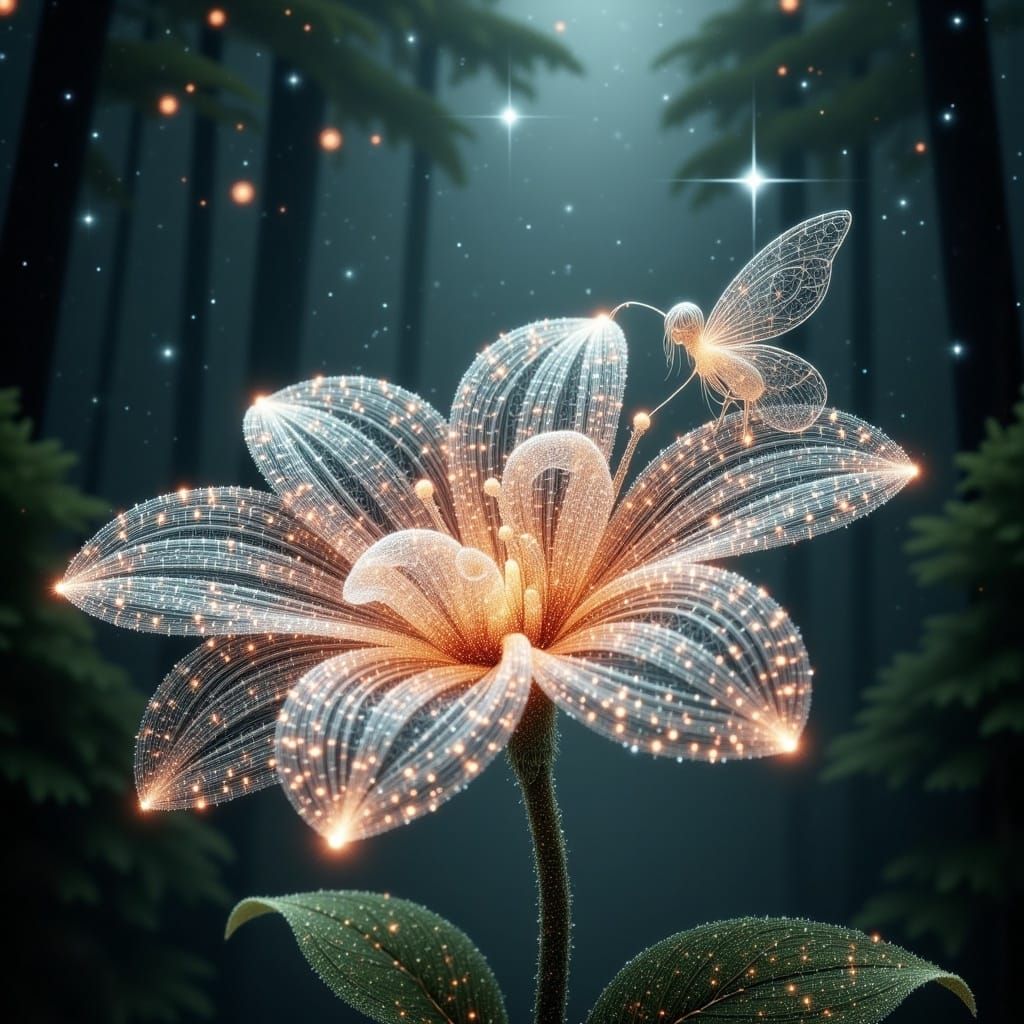 <lora:Magical Stars Flux:1.0>  A majestic magical intrincate flower, crafted from thousands of dense, transparent, and glowing wool strings...