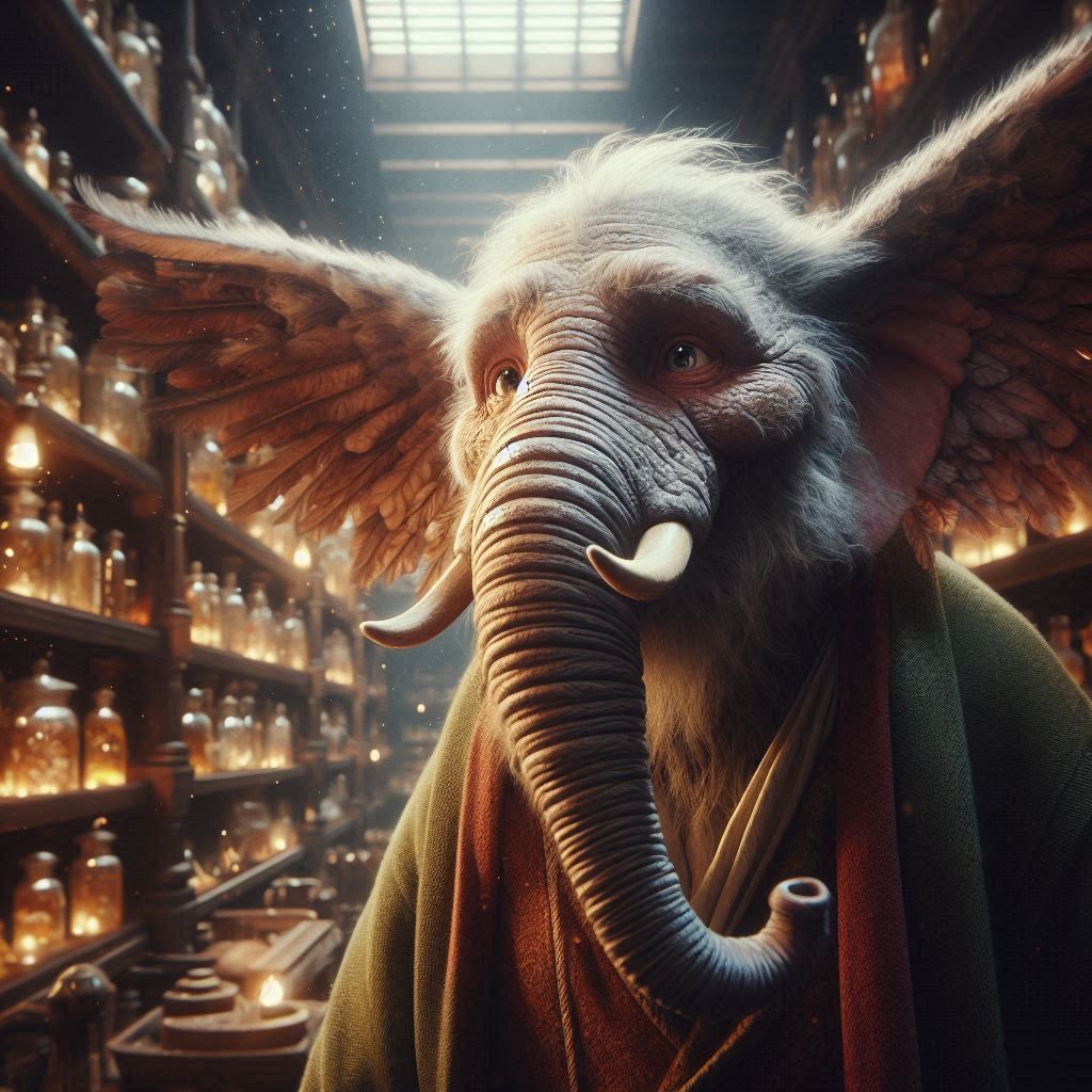 The elephant bird shopping in the apothecary
