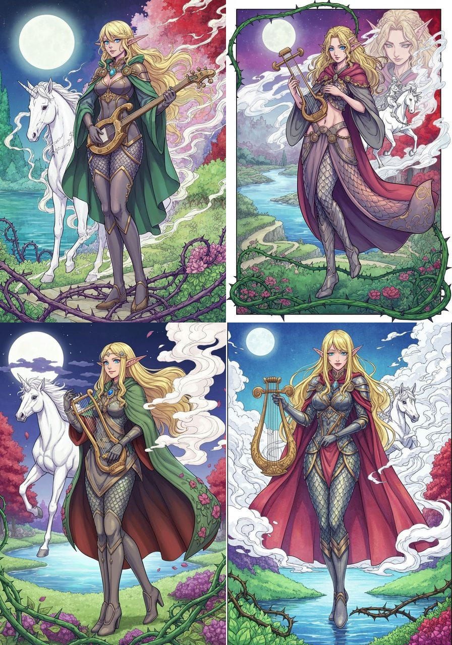 elf bard, lyre, metallic scales, lake, robes, d&d, 2d, full body, three quarters shot, anime key visual, vibrant colors,...