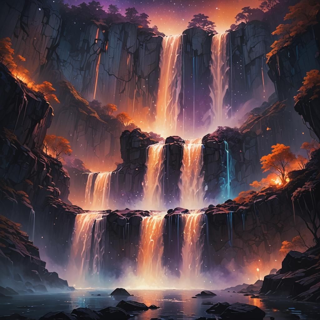 Fantasy Waterfall Under a Starry Night Sky