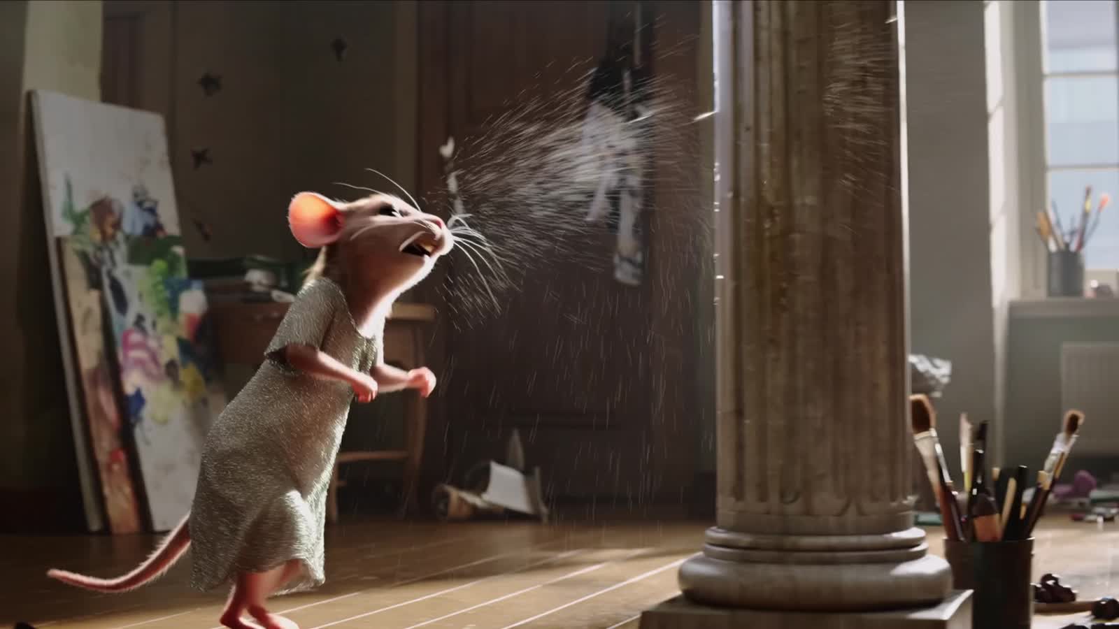 The mouse drunkenly falls back against the column, ungracefully slides down it, spilling the champagne into her face. Th...