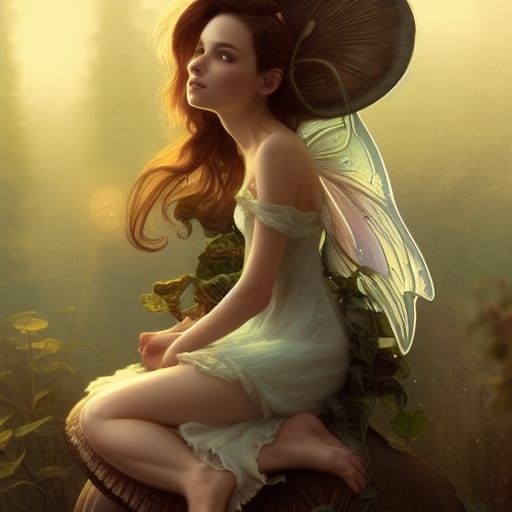 A little fairy sitting on a big mushroom at nighttime