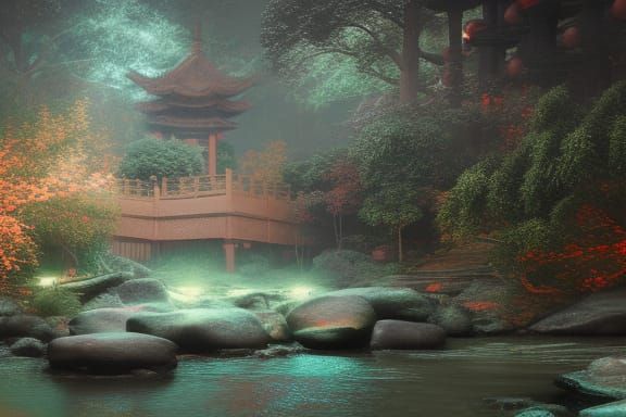 Intricate Wuxing in Chinese Watercolor Landscape